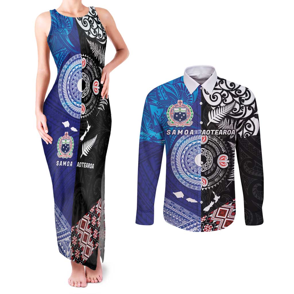Samoa and Aotearoa Together Couples Matching Tank Maxi Dress and Long Sleeve Button Shirt Tatau Art Tattoos-Taniko and Maori with Fern