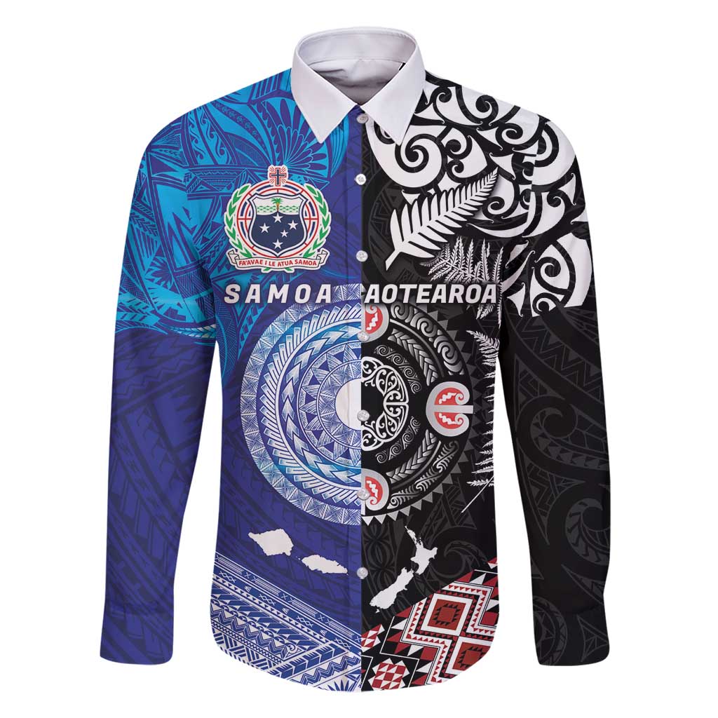 Samoa and Aotearoa Together Family Matching Mermaid Dress and Hawaiian Shirt Tatau Art Tattoos-Taniko and Maori with Fern LT03 Dad's Shirt - Long Sleeve Black - Polynesian Pride