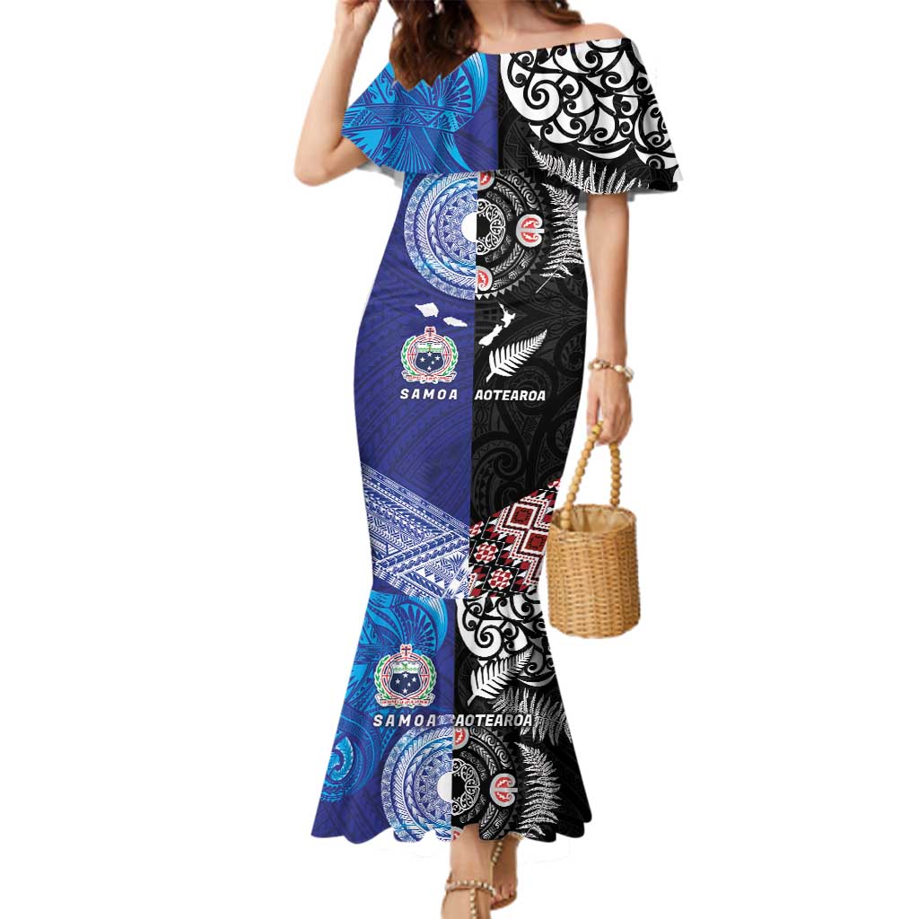 Samoa and Aotearoa Together Family Matching Mermaid Dress and Hawaiian Shirt Tatau Art Tattoos-Taniko and Maori with Fern LT03 Mom's Dress Black - Polynesian Pride