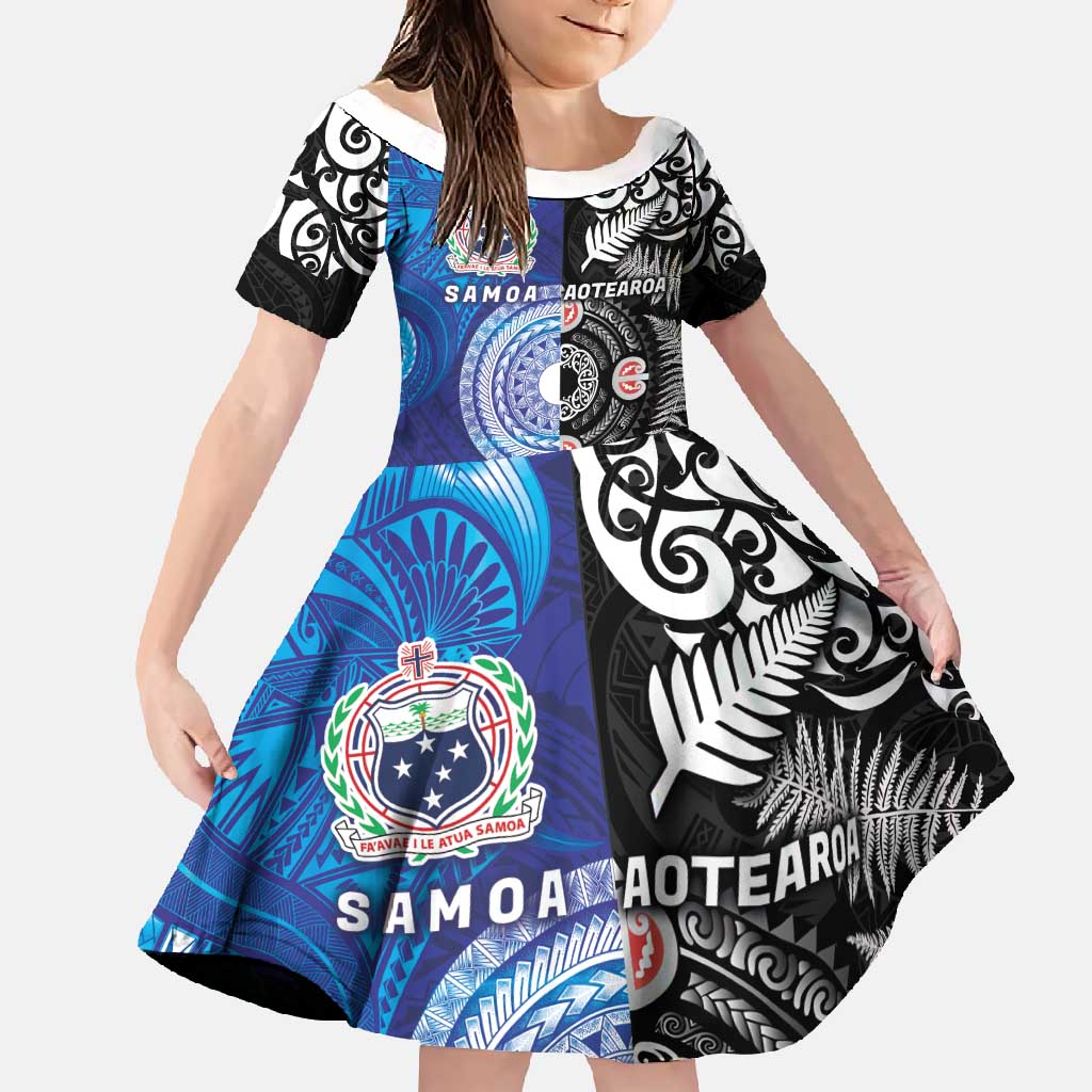 Samoa and Aotearoa Together Family Matching Off Shoulder Maxi Dress and Hawaiian Shirt Tatau Art Tattoos-Taniko and Maori with Fern LT03 Daughter's Dress Black - Polynesian Pride