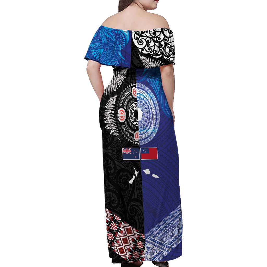 Samoa and Aotearoa Together Family Matching Off Shoulder Maxi Dress and Hawaiian Shirt Tatau Art Tattoos-Taniko and Maori with Fern LT03 - Polynesian Pride
