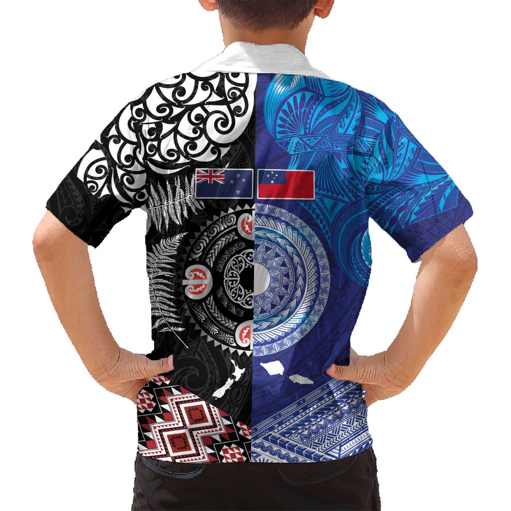 Samoa and Aotearoa Together Family Matching Off Shoulder Short Dress and Hawaiian Shirt Tatau Art Tattoos-Taniko and Maori with Fern LT03 - Polynesian Pride