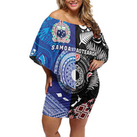 Samoa and Aotearoa Together Family Matching Off Shoulder Short Dress and Hawaiian Shirt Tatau Art Tattoos-Taniko and Maori with Fern LT03 Mom's Dress Black - Polynesian Pride