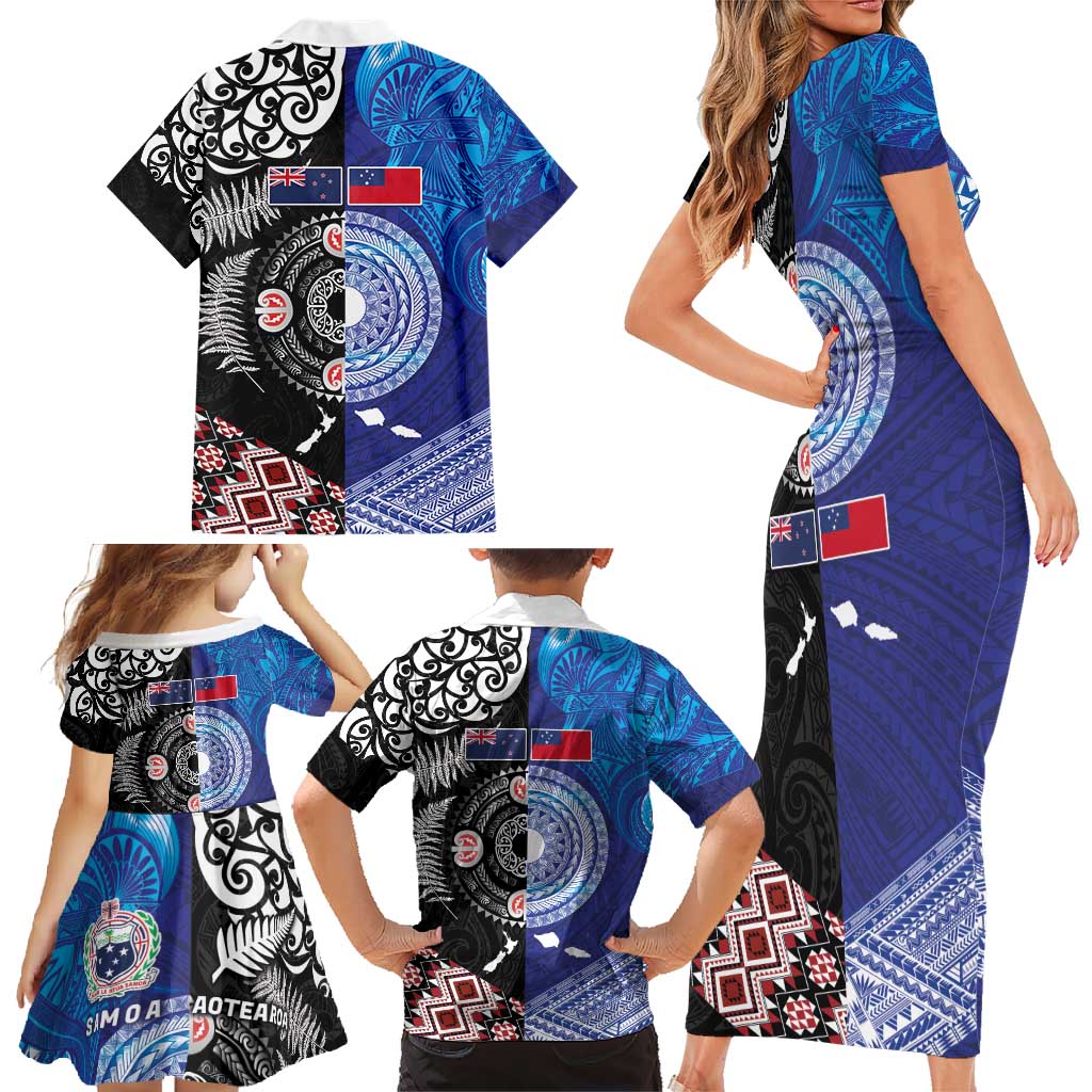 Samoa and Aotearoa Together Family Matching Short Sleeve Bodycon Dress and Hawaiian Shirt Tatau Art Tattoos-Taniko and Maori with Fern LT03 - Polynesian Pride
