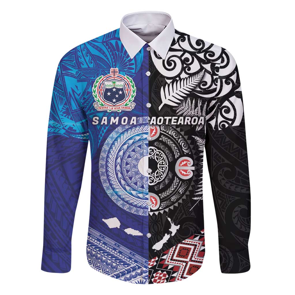 Samoa and Aotearoa Together Family Matching Short Sleeve Bodycon Dress and Hawaiian Shirt Tatau Art Tattoos-Taniko and Maori with Fern LT03 Dad's Shirt - Long Sleeve Black - Polynesian Pride