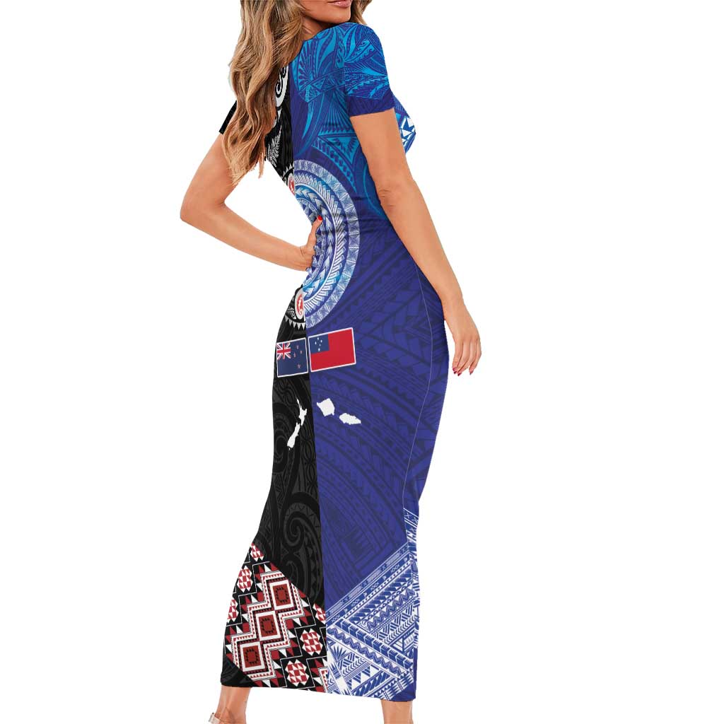 Samoa and Aotearoa Together Family Matching Short Sleeve Bodycon Dress and Hawaiian Shirt Tatau Art Tattoos-Taniko and Maori with Fern LT03 - Polynesian Pride