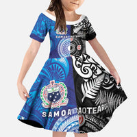 Samoa and Aotearoa Together Family Matching Summer Maxi Dress and Hawaiian Shirt Tatau Art Tattoos-Taniko and Maori with Fern LT03 Daughter's Dress Black - Polynesian Pride
