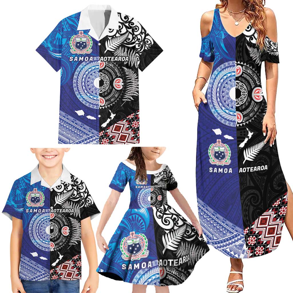 Samoa and Aotearoa Together Family Matching Summer Maxi Dress and Hawaiian Shirt Tatau Art Tattoos-Taniko and Maori with Fern LT03 - Polynesian Pride