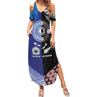 Samoa and Aotearoa Together Family Matching Summer Maxi Dress and Hawaiian Shirt Tatau Art Tattoos-Taniko and Maori with Fern LT03 Mom's Dress Black - Polynesian Pride