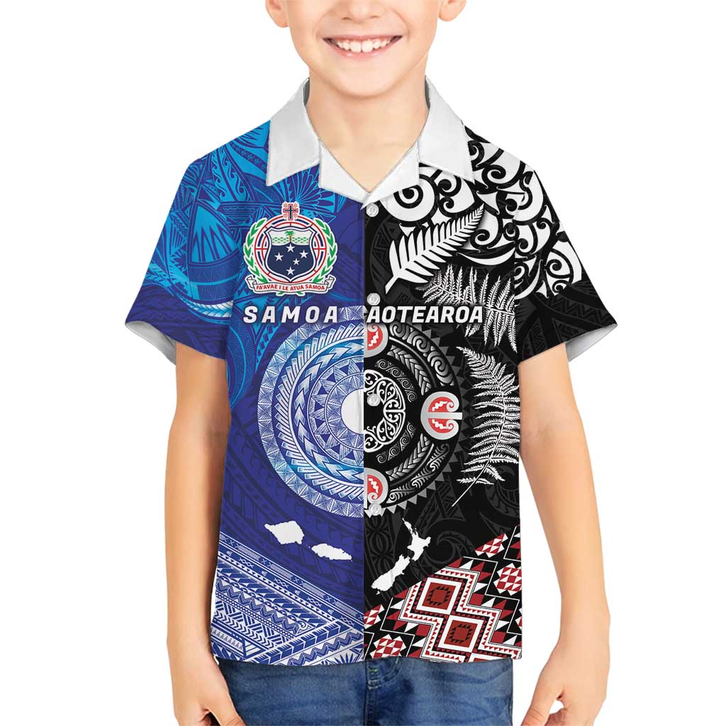 Samoa and Aotearoa Together Family Matching Summer Maxi Dress and Hawaiian Shirt Tatau Art Tattoos-Taniko and Maori with Fern LT03 Son's Shirt Black - Polynesian Pride