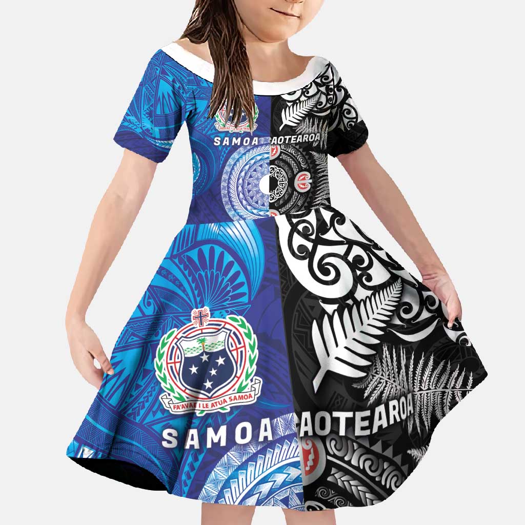 Samoa and Aotearoa Together Family Matching Tank Maxi Dress and Hawaiian Shirt Tatau Art Tattoos-Taniko and Maori with Fern LT03 Daughter's Dress Black - Polynesian Pride