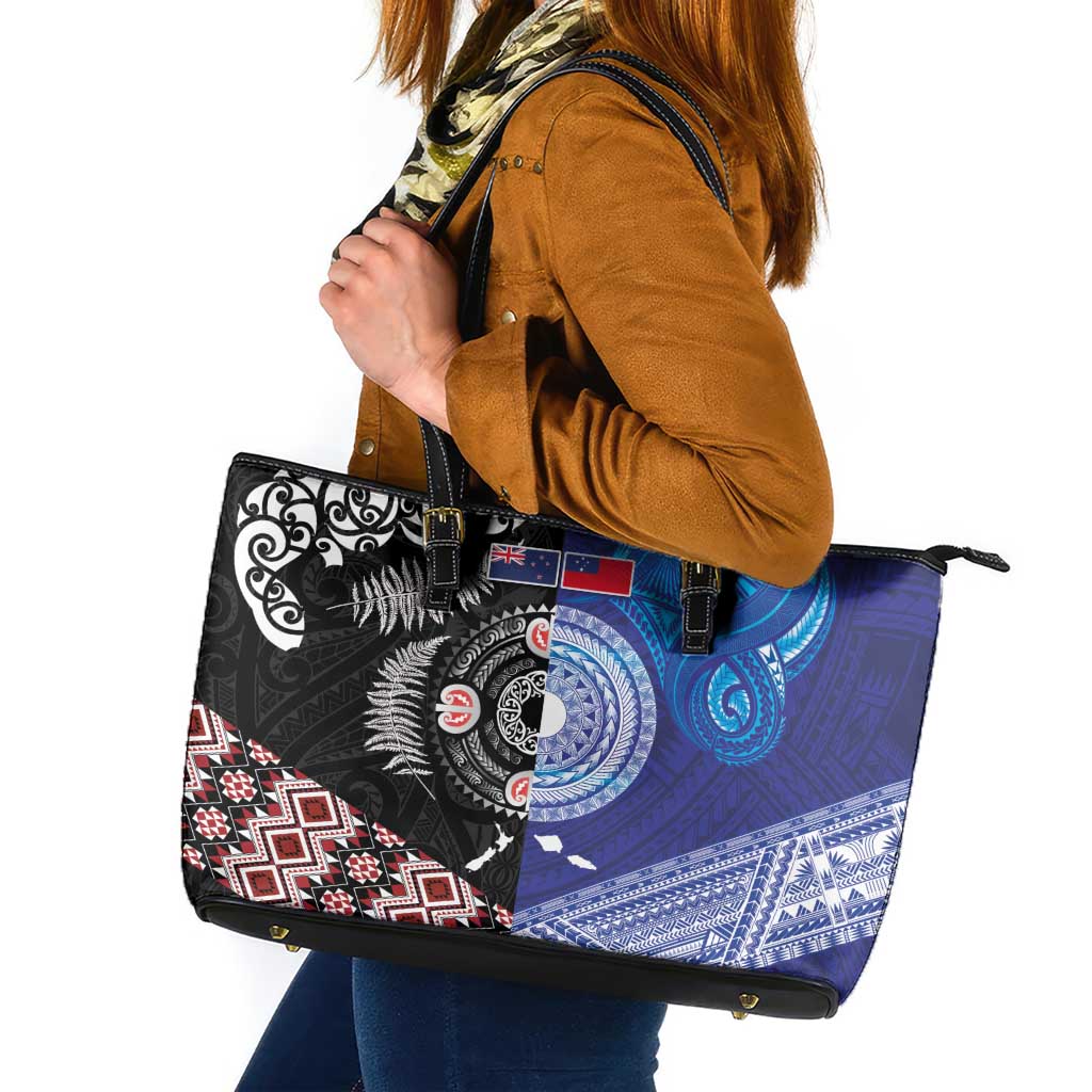 Samoa and Aotearoa Together Leather Tote Bag Tatau Art Tattoos-Taniko and Maori with Fern