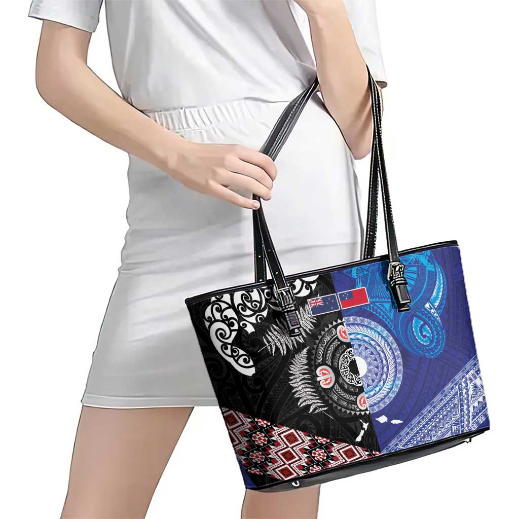 Samoa and Aotearoa Together Leather Tote Bag Tatau Art Tattoos-Taniko and Maori with Fern