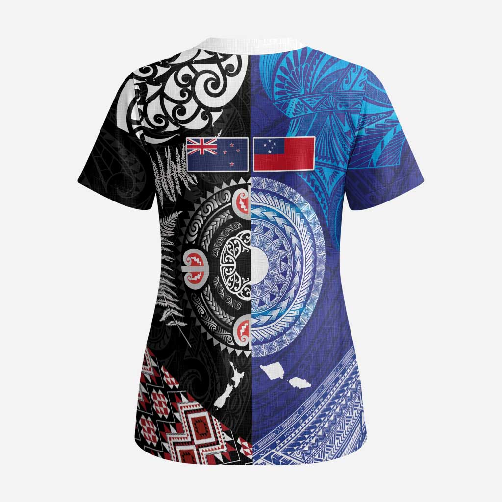 Samoa and Aotearoa Together Scrub Top Tatau Art Tattoos-Taniko and Maori with Fern - Polynesian Pride