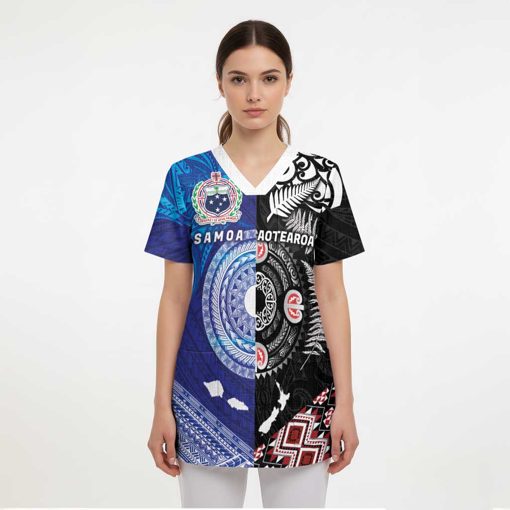 Samoa and Aotearoa Together Scrub Top Tatau Art Tattoos-Taniko and Maori with Fern - Polynesian Pride