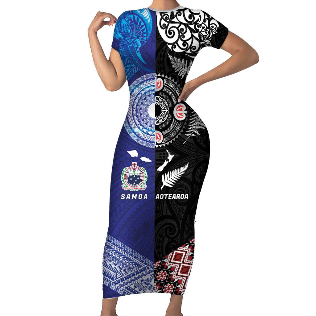 Samoa and Aotearoa Together Short Sleeve Bodycon Dress Tatau Art Tattoos-Taniko and Maori with Fern LT03 Long Dress Black - Polynesian Pride