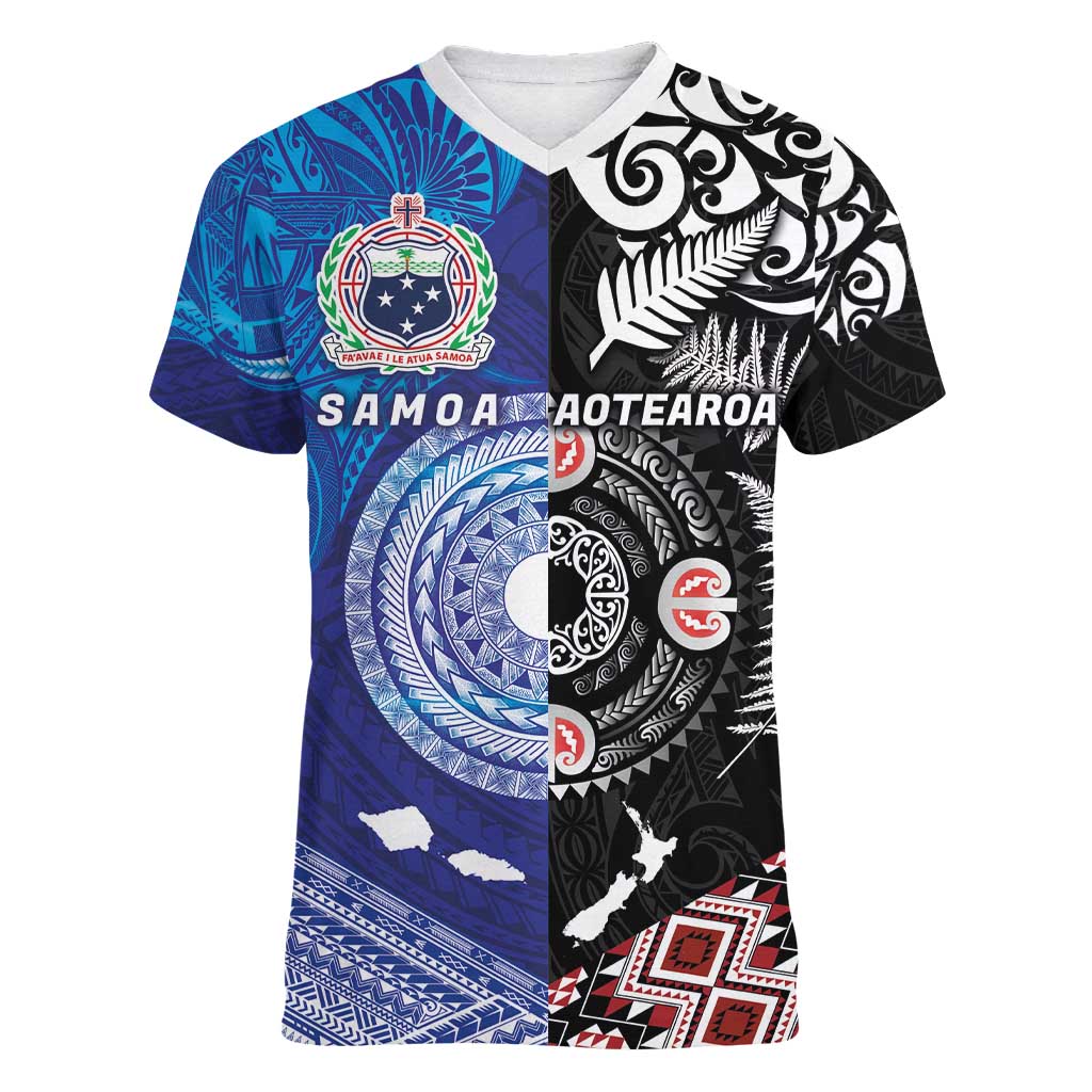 Samoa and Aotearoa Together Women V-Neck T-Shirt Tatau Art Tattoos-Taniko and Maori with Fern