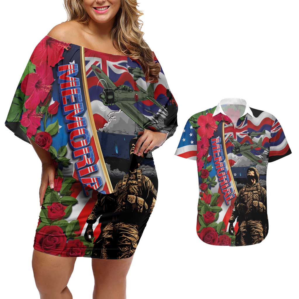 Hawaii and United States Memorial Day Couples Matching Off Shoulder Short Dress and Hawaiian Shirt Honor and Remember The Fallen