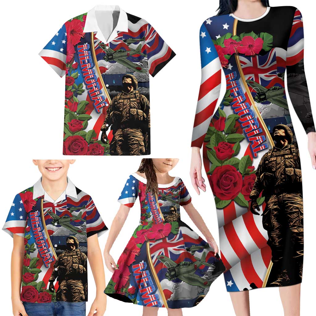 Hawaii and United States Memorial Day Family Matching Long Sleeve Bodycon Dress and Hawaiian Shirt Honor and Remember The Fallen LT03 - Polynesian Pride