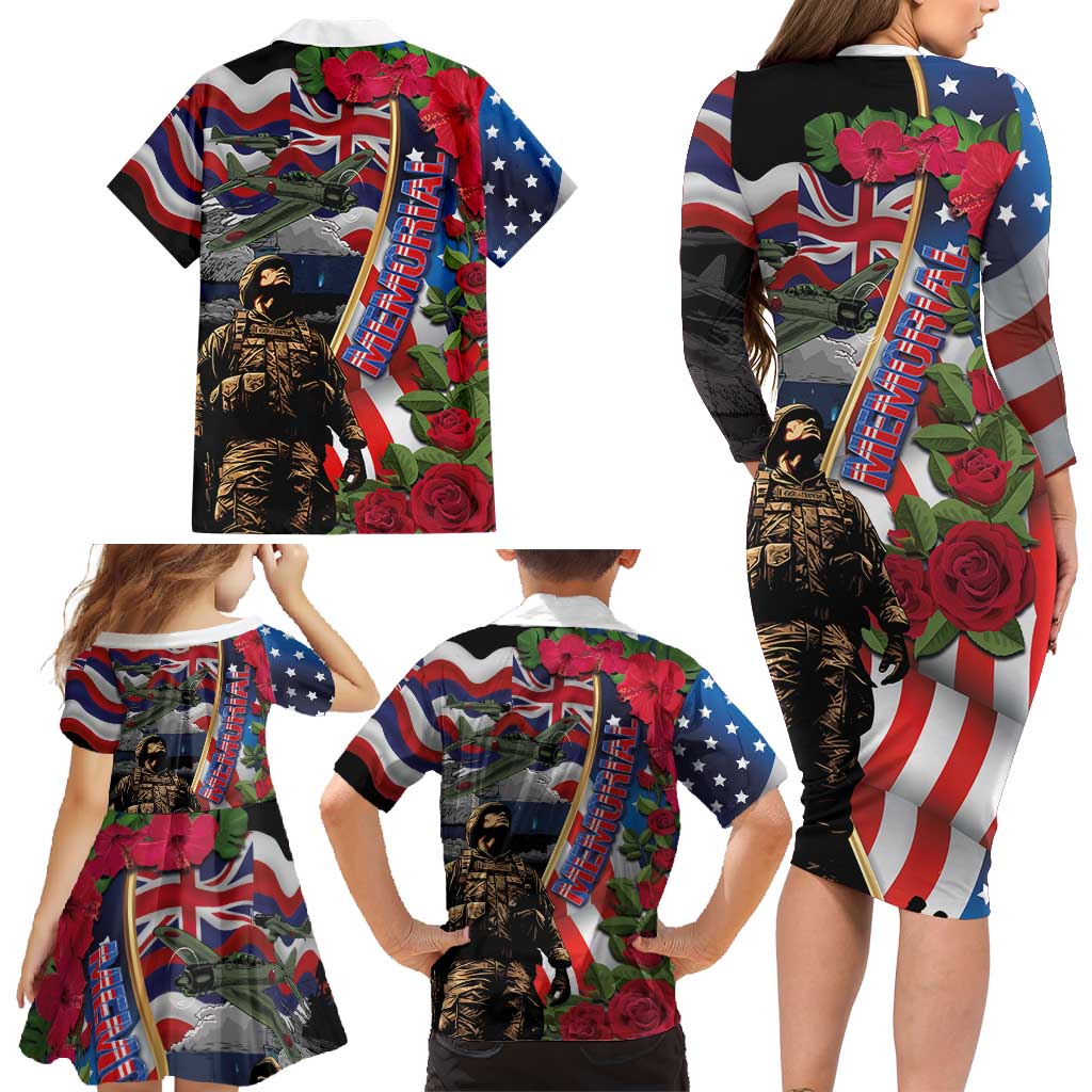 Hawaii and United States Memorial Day Family Matching Long Sleeve Bodycon Dress and Hawaiian Shirt Honor and Remember The Fallen LT03 - Polynesian Pride