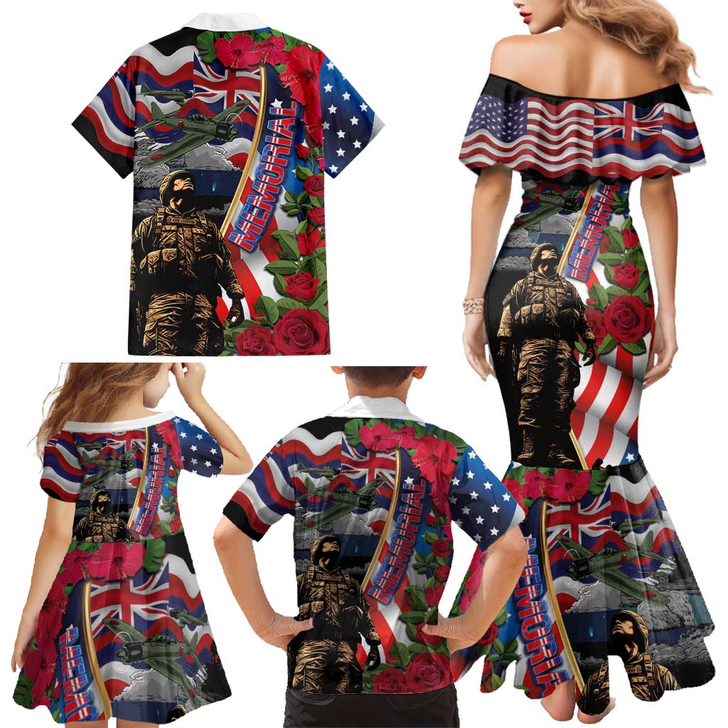 Hawaii and United States Memorial Day Family Matching Mermaid Dress and Hawaiian Shirt Honor and Remember The Fallen LT03 - Polynesian Pride