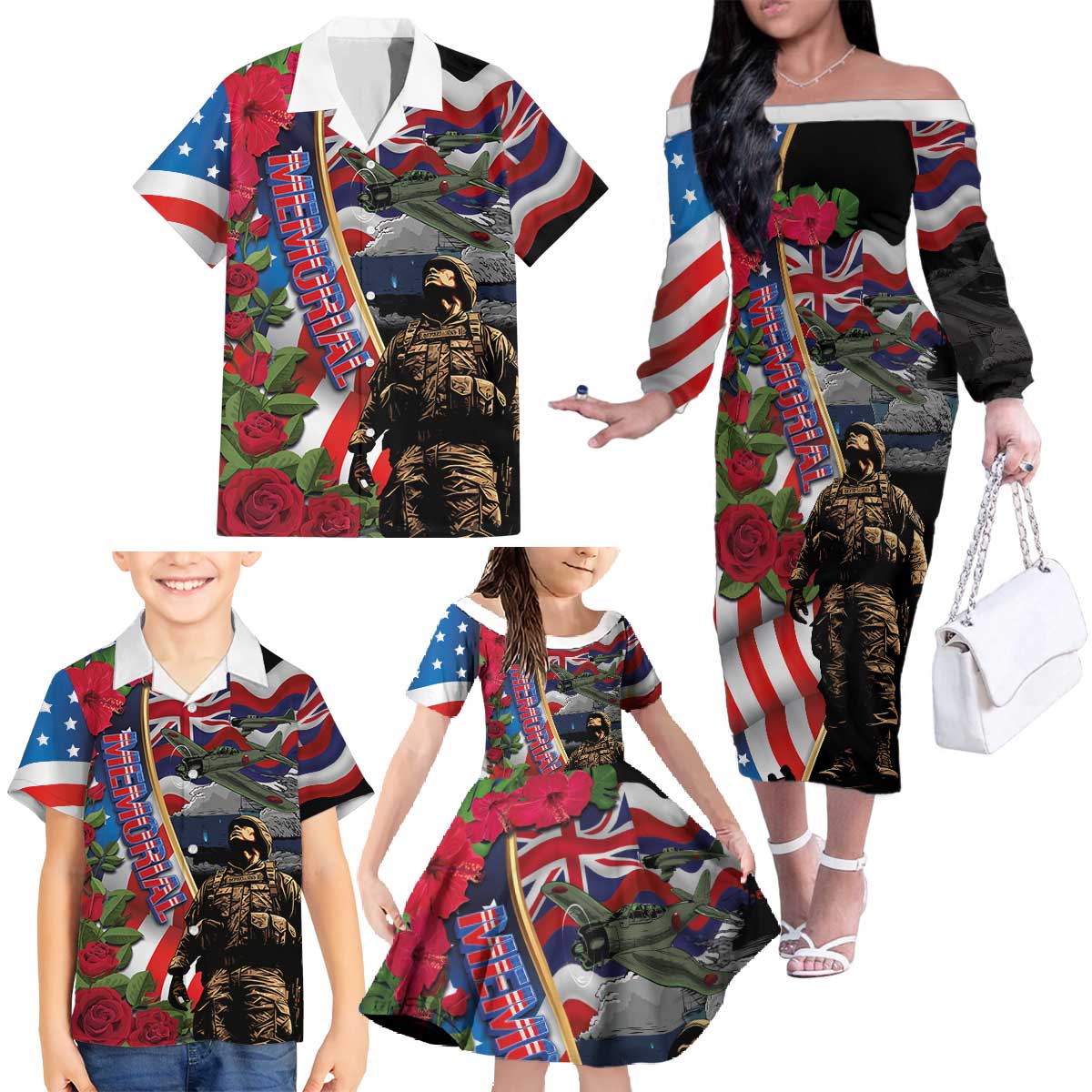 Hawaii and United States Memorial Day Family Matching Off The Shoulder Long Sleeve Dress and Hawaiian Shirt Honor and Remember The Fallen LT03 - Polynesian Pride