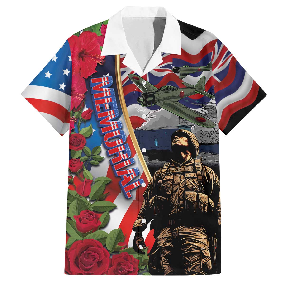 Hawaii and United States Memorial Day Family Matching Off The Shoulder Long Sleeve Dress and Hawaiian Shirt Honor and Remember The Fallen LT03 Dad's Shirt - Short Sleeve Blue - Polynesian Pride
