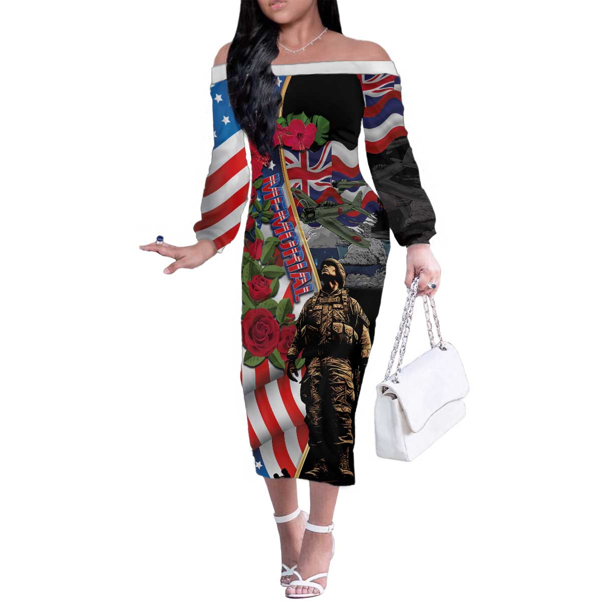Hawaii and United States Memorial Day Family Matching Off The Shoulder Long Sleeve Dress and Hawaiian Shirt Honor and Remember The Fallen LT03 Mom's Dress Blue - Polynesian Pride