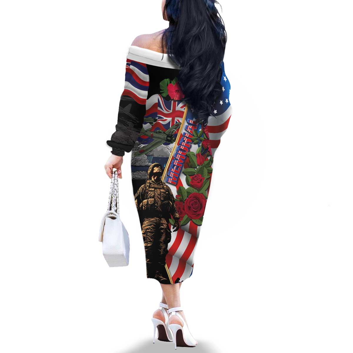 Hawaii and United States Memorial Day Family Matching Off The Shoulder Long Sleeve Dress and Hawaiian Shirt Honor and Remember The Fallen LT03 - Polynesian Pride