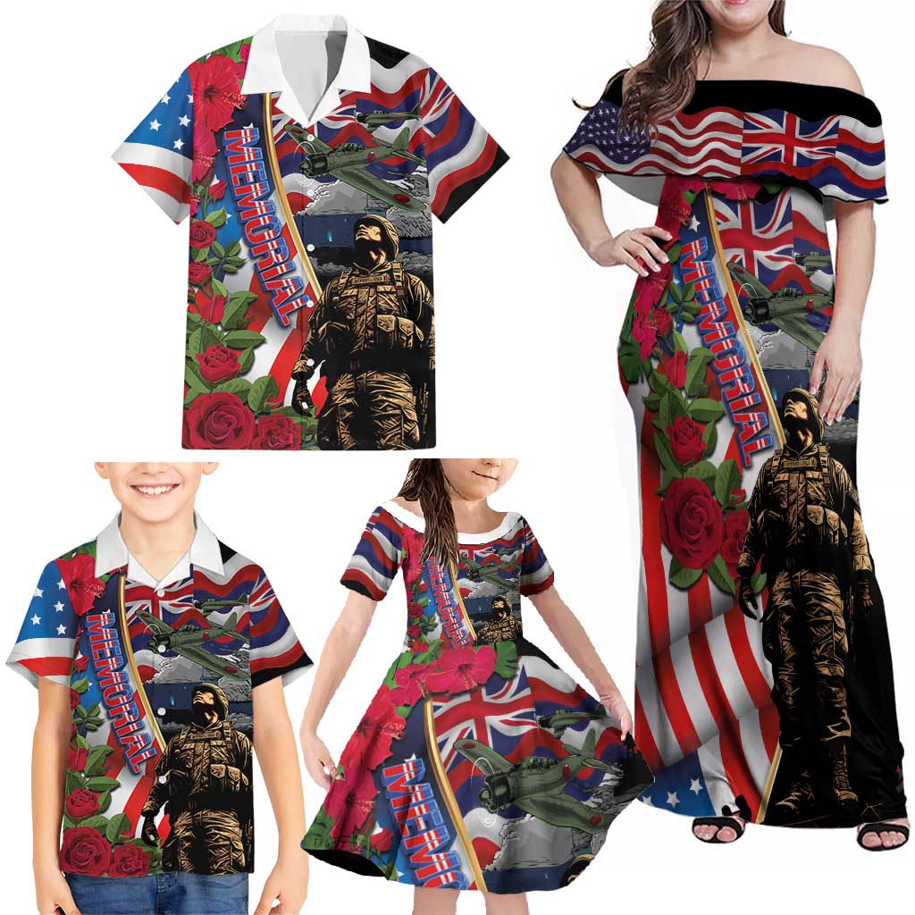 Hawaii and United States Memorial Day Family Matching Off Shoulder Maxi Dress and Hawaiian Shirt Honor and Remember The Fallen LT03 - Polynesian Pride
