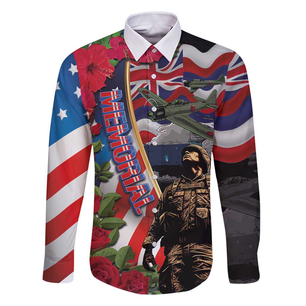 Hawaii and United States Memorial Day Family Matching Off Shoulder Maxi Dress and Hawaiian Shirt Honor and Remember The Fallen LT03 Dad's Shirt - Long Sleeve Blue - Polynesian Pride