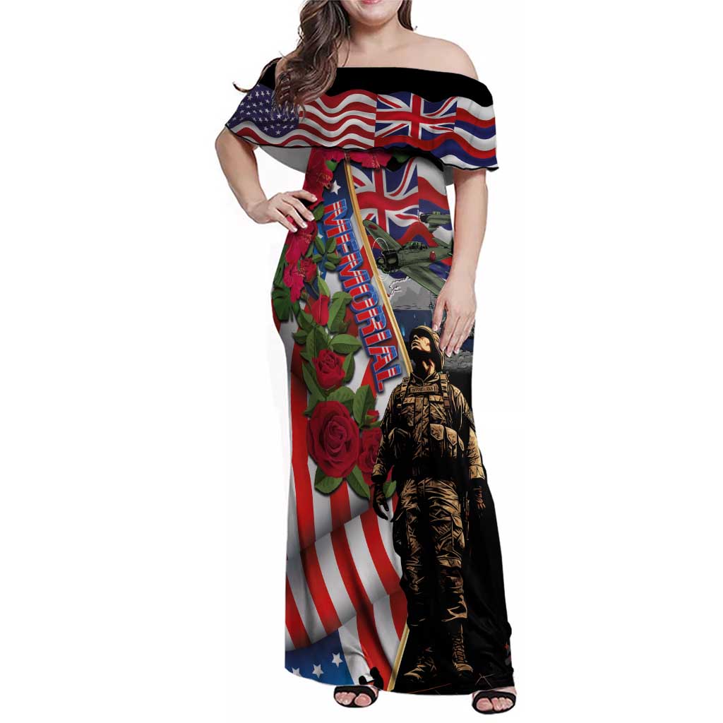 Hawaii and United States Memorial Day Family Matching Off Shoulder Maxi Dress and Hawaiian Shirt Honor and Remember The Fallen LT03 Mom's Dress Blue - Polynesian Pride