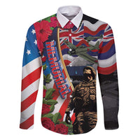 Hawaii and United States Memorial Day Family Matching Off Shoulder Short Dress and Hawaiian Shirt Honor and Remember The Fallen LT03 Dad's Shirt - Long Sleeve Blue - Polynesian Pride