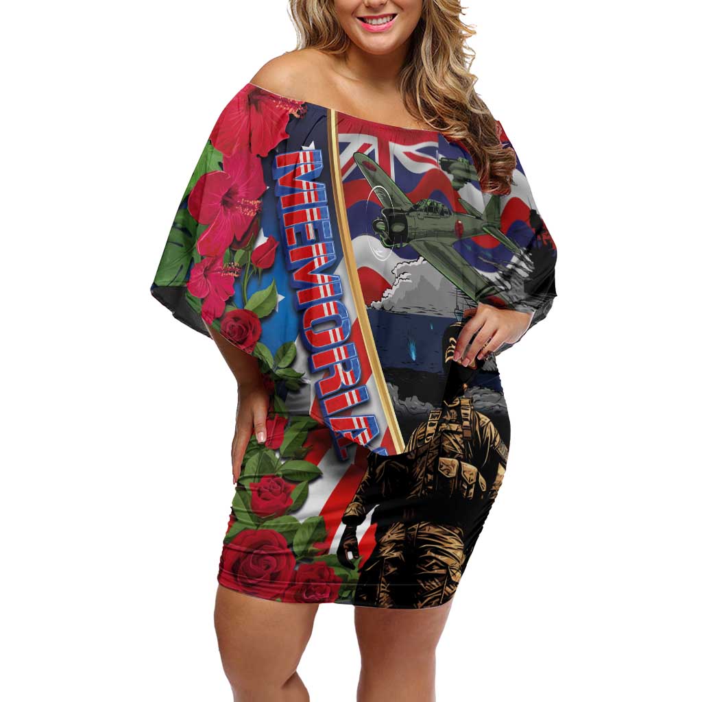 Hawaii and United States Memorial Day Family Matching Off Shoulder Short Dress and Hawaiian Shirt Honor and Remember The Fallen LT03 Mom's Dress Blue - Polynesian Pride