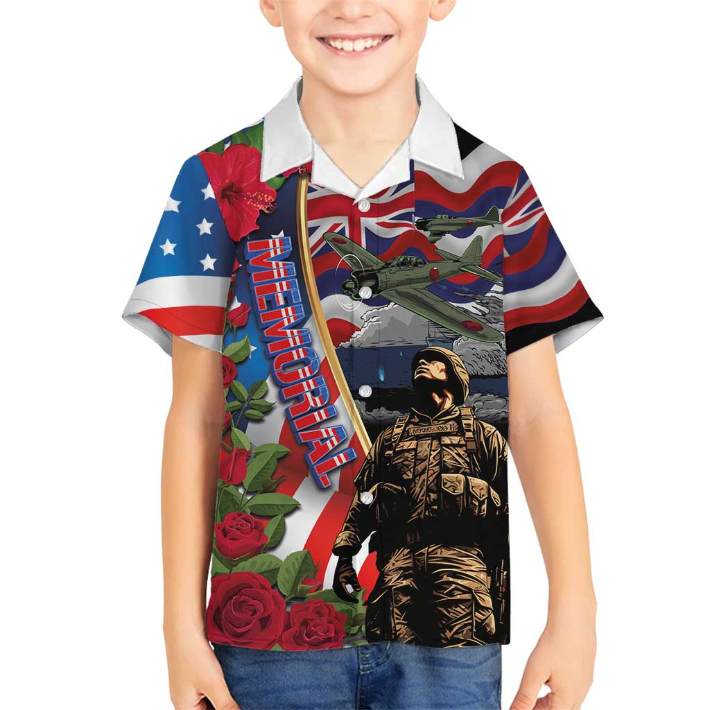 Hawaii and United States Memorial Day Family Matching Off Shoulder Short Dress and Hawaiian Shirt Honor and Remember The Fallen LT03 Son's Shirt Blue - Polynesian Pride