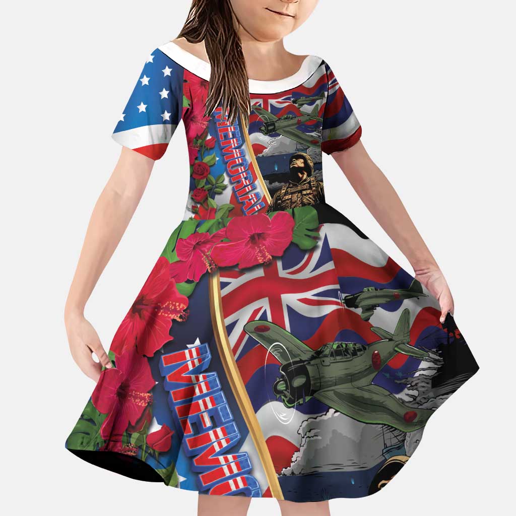 Hawaii and United States Memorial Day Family Matching Puletasi and Hawaiian Shirt Honor and Remember The Fallen LT03 Daughter's Dress Blue - Polynesian Pride