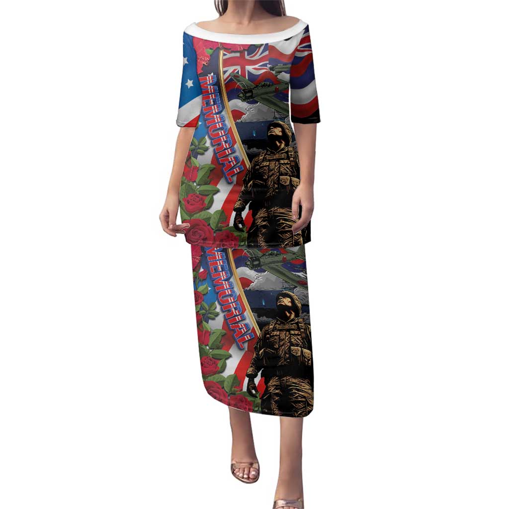 Hawaii and United States Memorial Day Family Matching Puletasi and Hawaiian Shirt Honor and Remember The Fallen LT03 Mom's Dress Blue - Polynesian Pride