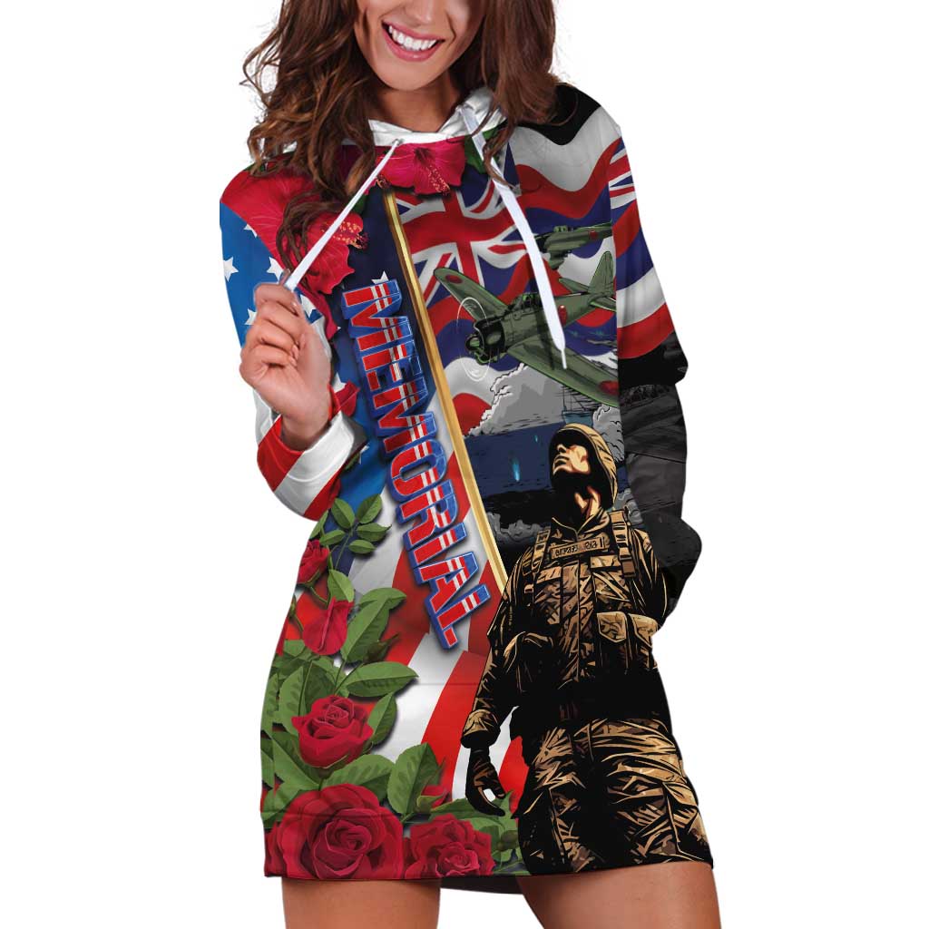 Hawaii and United States Memorial Day Hoodie Dress Honor and Remember The Fallen