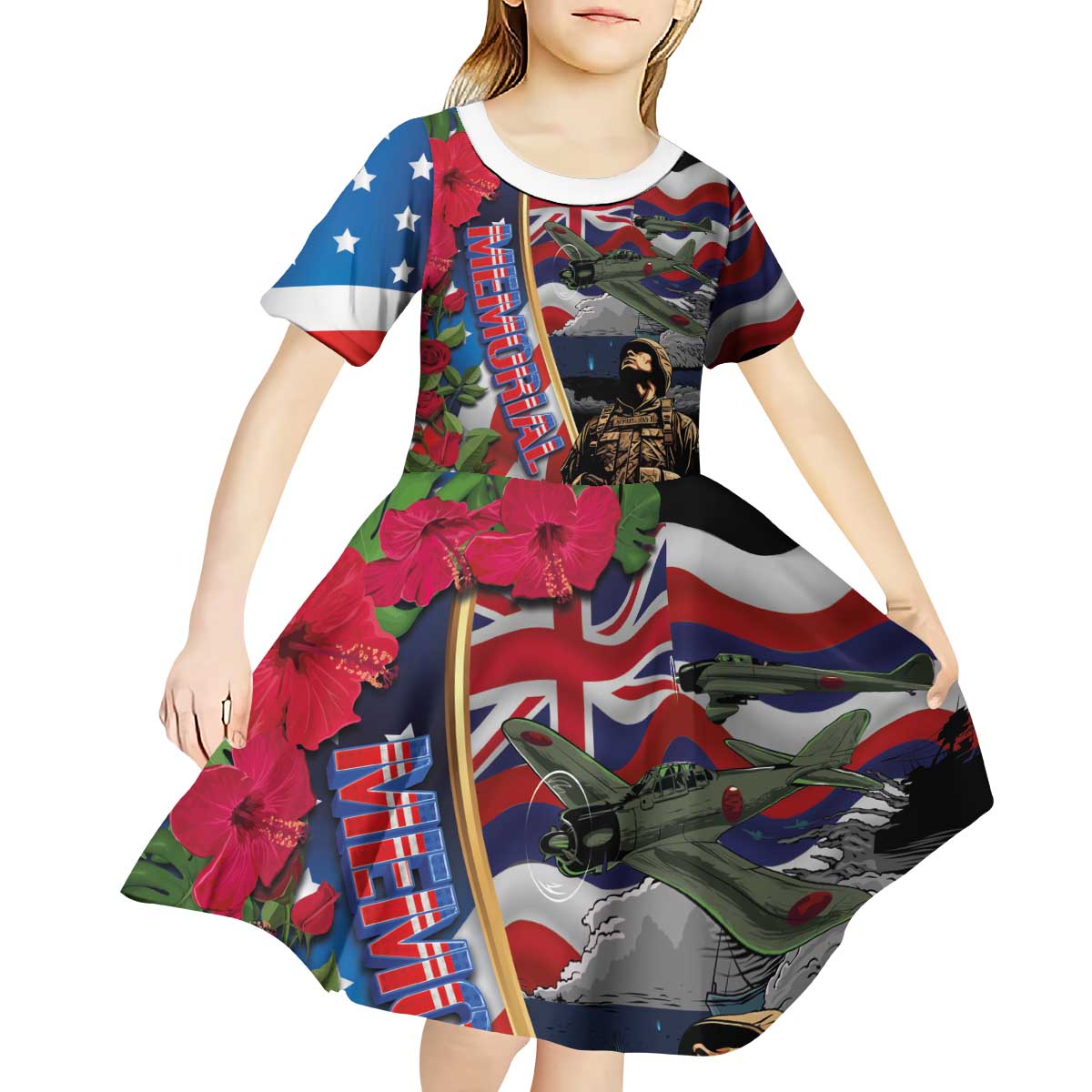 Hawaii and United States Memorial Day Kid Short Sleeve Dress Honor and Remember The Fallen