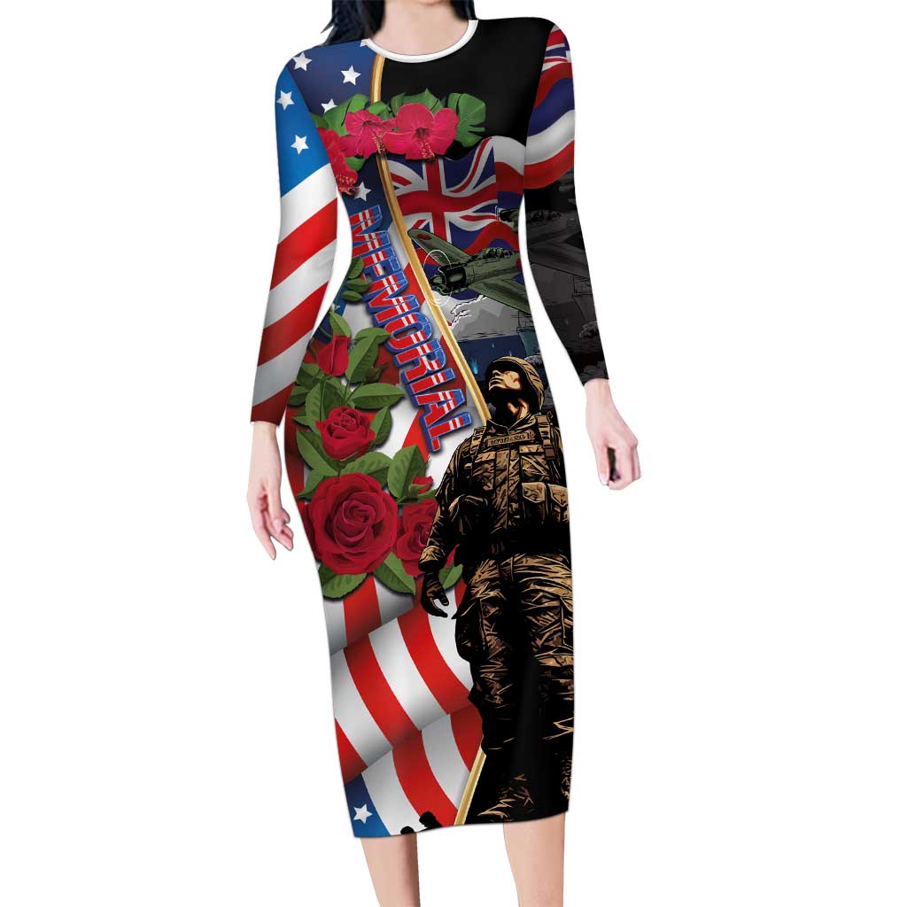 Hawaii and United States Memorial Day Long Sleeve Bodycon Dress Honor and Remember The Fallen