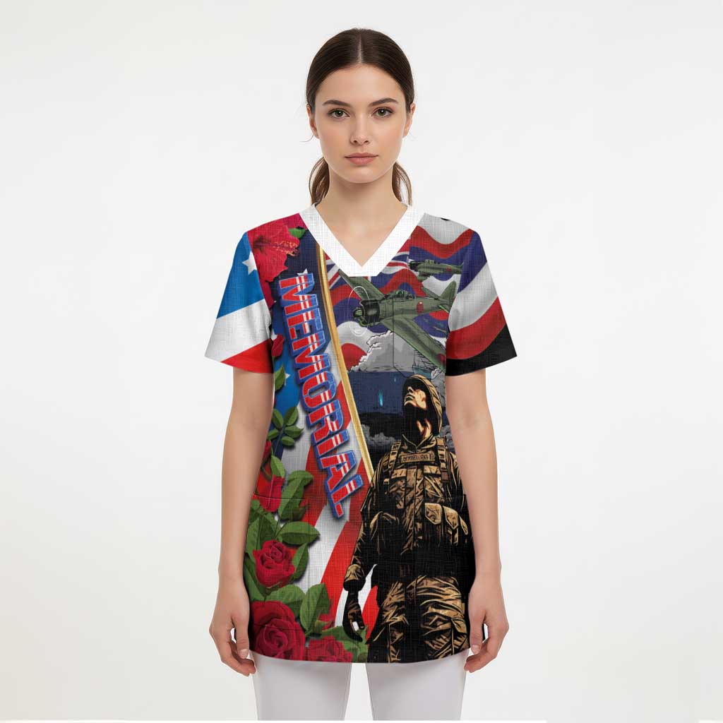Hawaii and United States Memorial Day Scrub Top Honor and Remember The Fallen - Polynesian Pride
