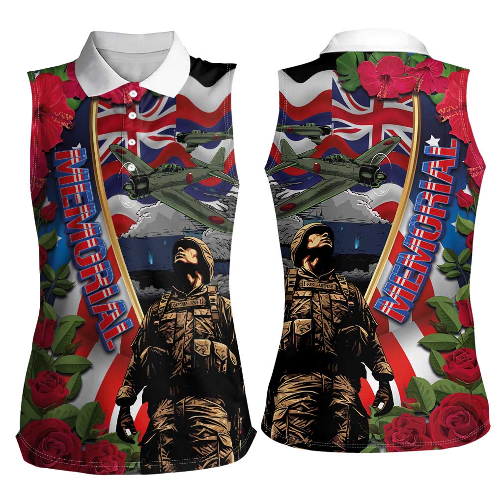Hawaii and United States Memorial Day Women Sleeveless Polo Shirt Honor and Remember The Fallen