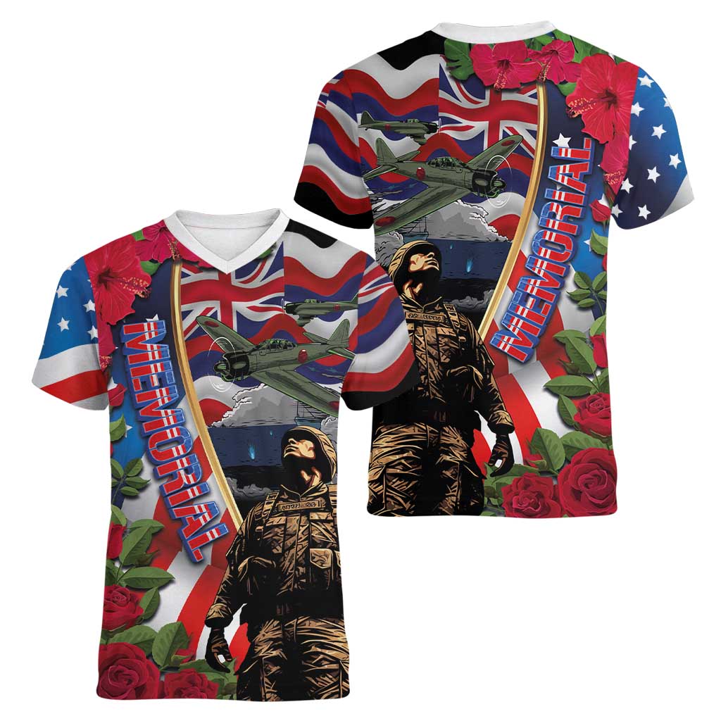 Hawaii and United States Memorial Day Women V-Neck T-Shirt Honor and Remember The Fallen