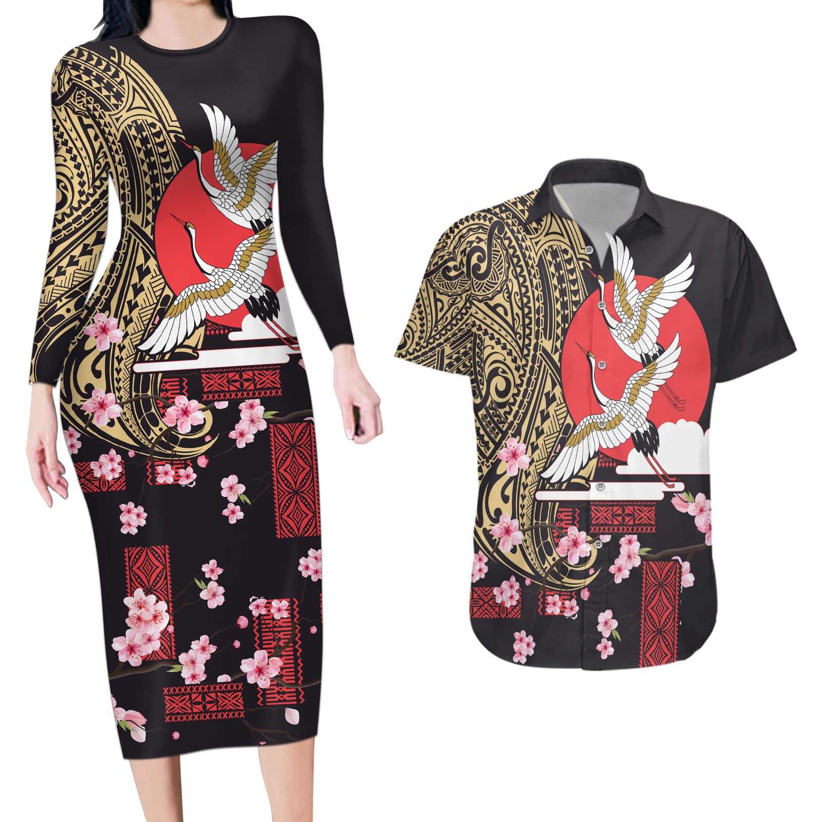 Japanese Culture and Hawaiian Tribal Couples Matching Long Sleeve Bodycon Dress and Hawaiian Shirt Sakura Blossom Tapa Pattern LT03 Black - Polynesian Pride