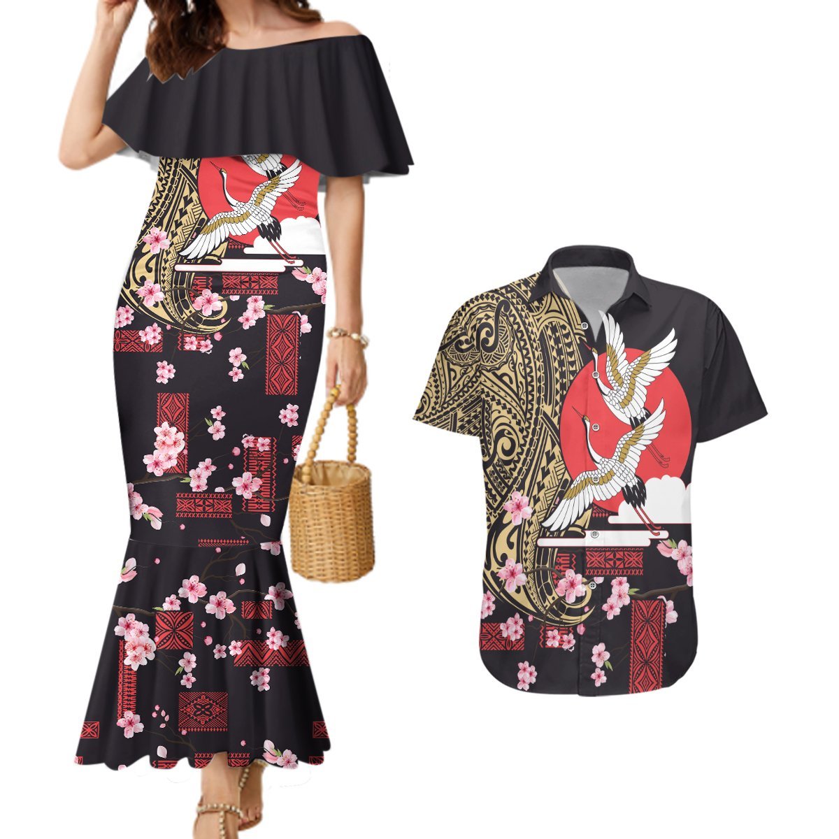 Japanese Culture and Hawaiian Tribal Couples Matching Mermaid Dress and Hawaiian Shirt Sakura Blossom Tapa Pattern LT03 Black - Polynesian Pride