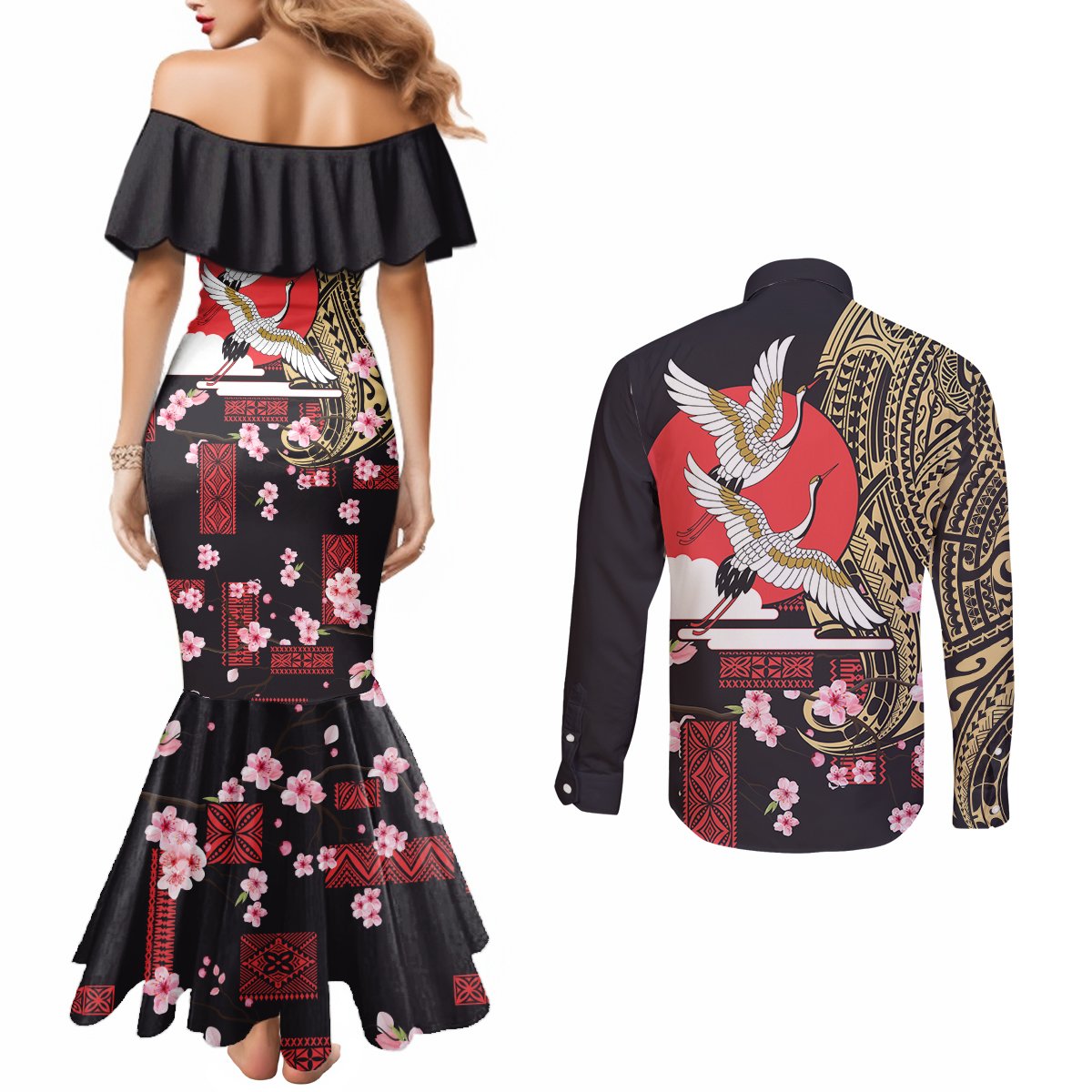 Japanese Culture and Hawaiian Tribal Couples Matching Mermaid Dress and Long Sleeve Button Shirt Sakura Blossom Tapa Pattern LT03 - Polynesian Pride