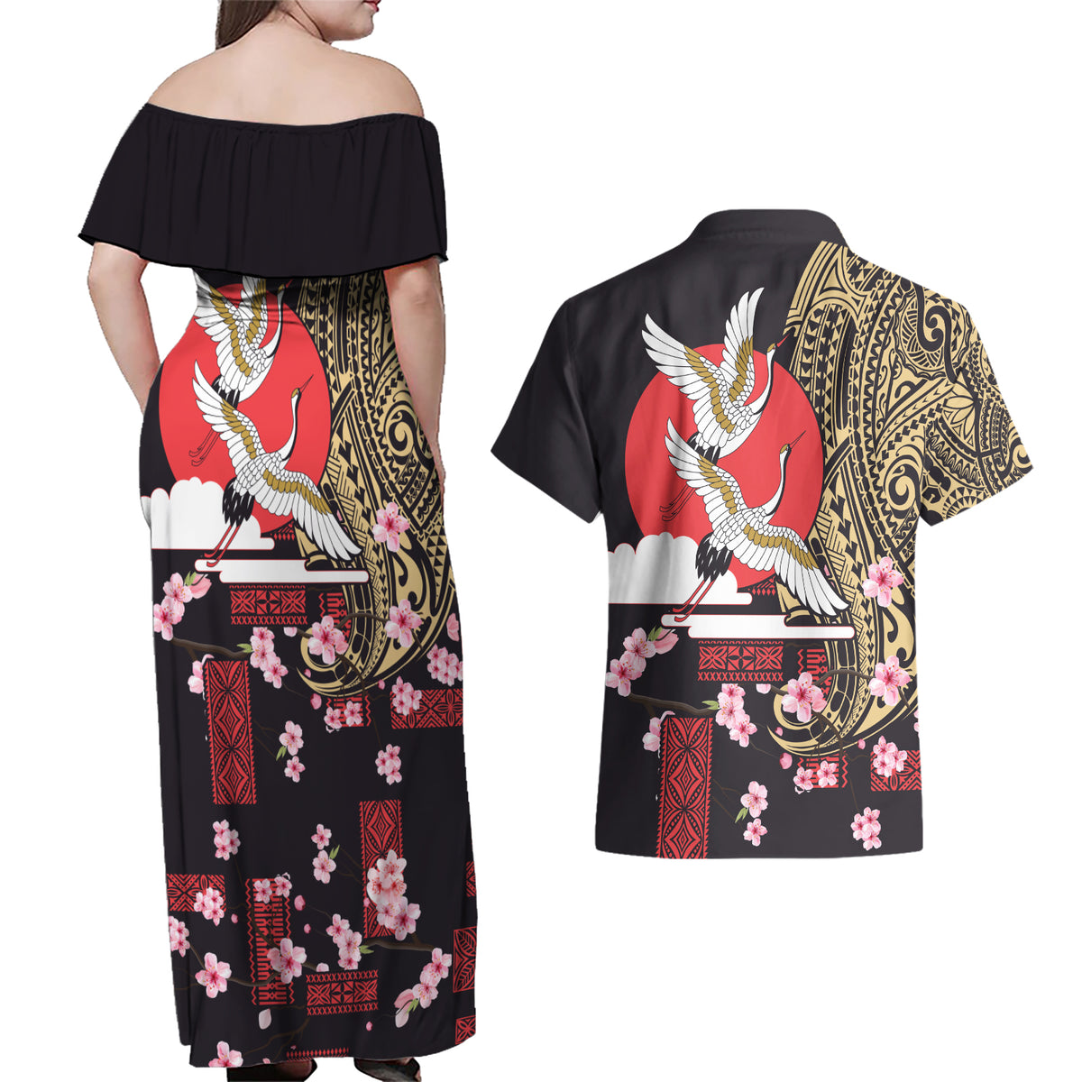 Japanese Culture and Hawaiian Tribal Couples Matching Off Shoulder Maxi Dress and Hawaiian Shirt Sakura Blossom Tapa Pattern LT03 - Polynesian Pride