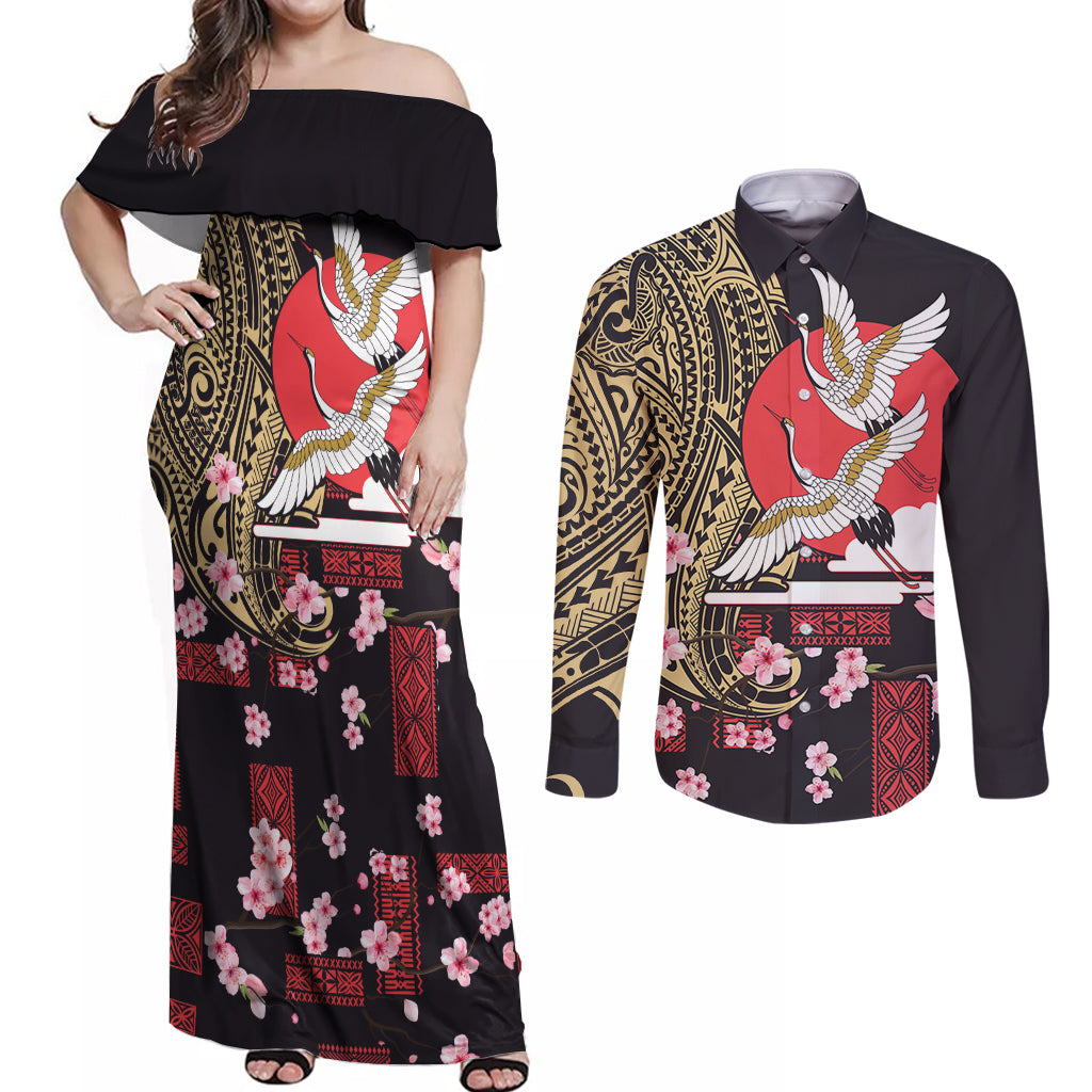 Japanese Culture and Hawaiian Tribal Couples Matching Off Shoulder Maxi Dress and Long Sleeve Button Shirt Sakura Blossom Tapa Pattern LT03 Black - Polynesian Pride