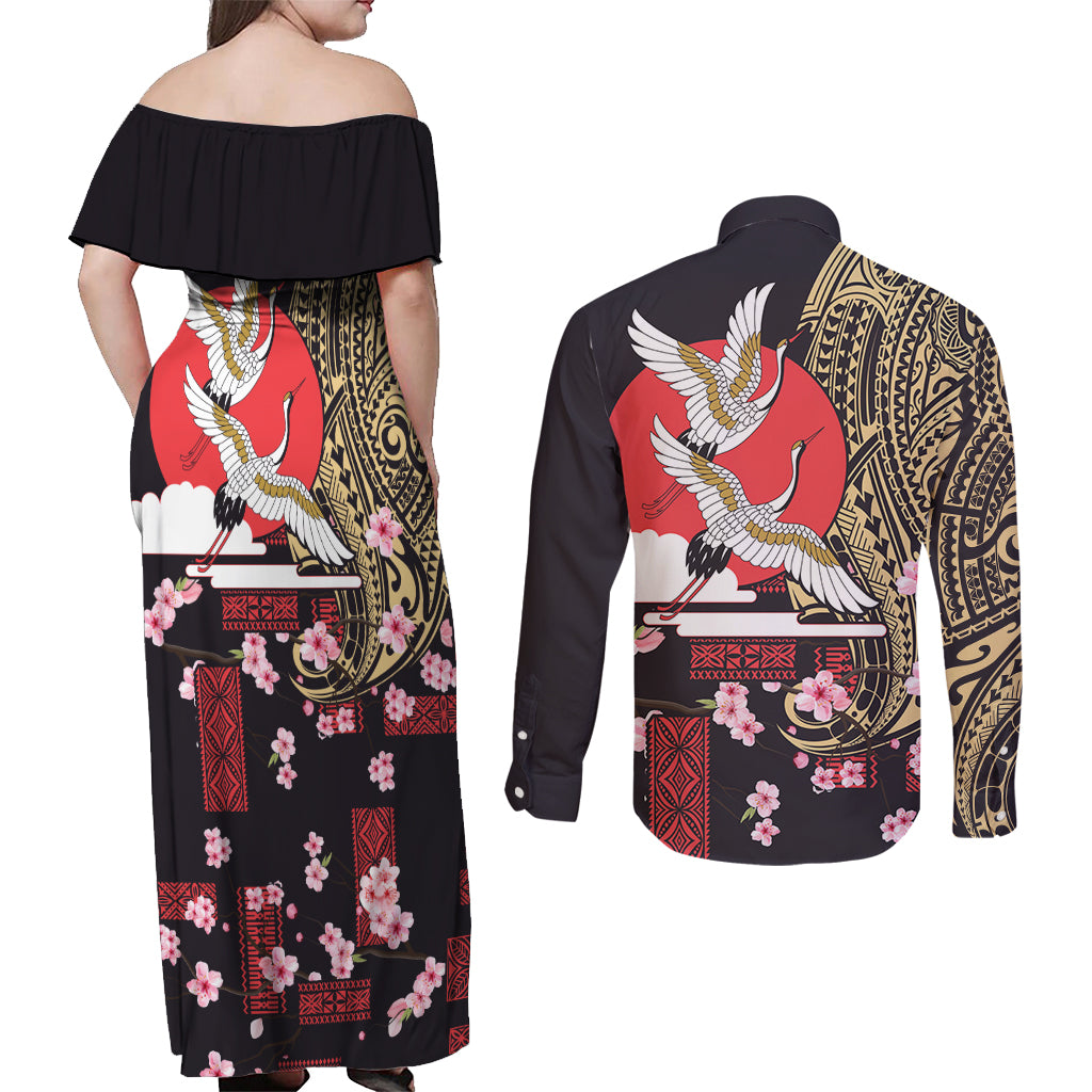 Japanese Culture and Hawaiian Tribal Couples Matching Off Shoulder Maxi Dress and Long Sleeve Button Shirt Sakura Blossom Tapa Pattern