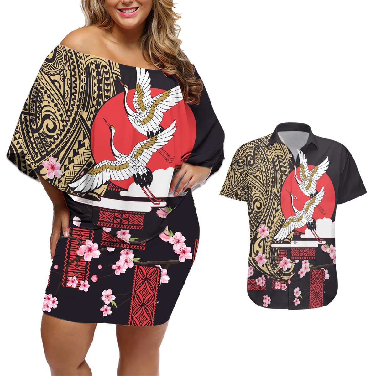 Japanese Culture and Hawaiian Tribal Couples Matching Off Shoulder Short Dress and Hawaiian Shirt Sakura Blossom Tapa Pattern LT03 Black - Polynesian Pride